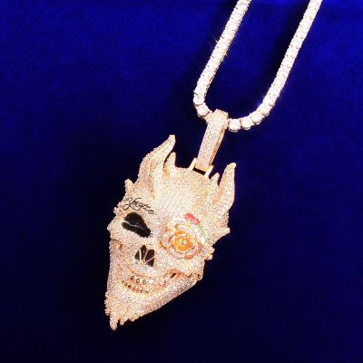 Skull Mens Pendant Cubic Zircon Gold Color Plated Hip Hop Necklace Rock Jewelry