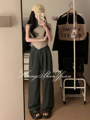 HengShanYuan กางเกงขาบานลำลอง,กางเกงเอวสูงสูททรงตรงสีขาวกางเกงสไตล์เกาหลีแฟชั่นเข้ากับทุกชุดได้