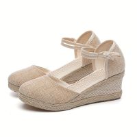 NianMiao Womens Espadrille Wedge Sandals, Closed Toe Ankle Strap DOrsay Shoes, Comfy Linen Sole Sandals