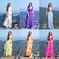 Maxi Dress เดรสยาว คอเหลี่ยม ดีเทลระบายแขน ด้านหลังดึงยาง มีผูกโบว์เข้ารูป