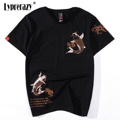Lyprerazy Mens Hip Hop Chinese Fashion KOI Fish Embroidery T-Shirt Streetwear Tops Tees Harajuku Clothes