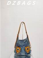 Niche design retro high-end distressed washed multi-carry versatile one-shoulder cross-body denim bag fashionable large capacity 【JYUE】