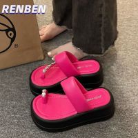 RENBEN แฟรี่สไตล์ด้านล่างหนาสแควร์นิ้วเท้า Rhinestone Flip-Flop ด้านนอกสวมรองเท้าแตะขนาดเล็กความรู้สึกสูง V725