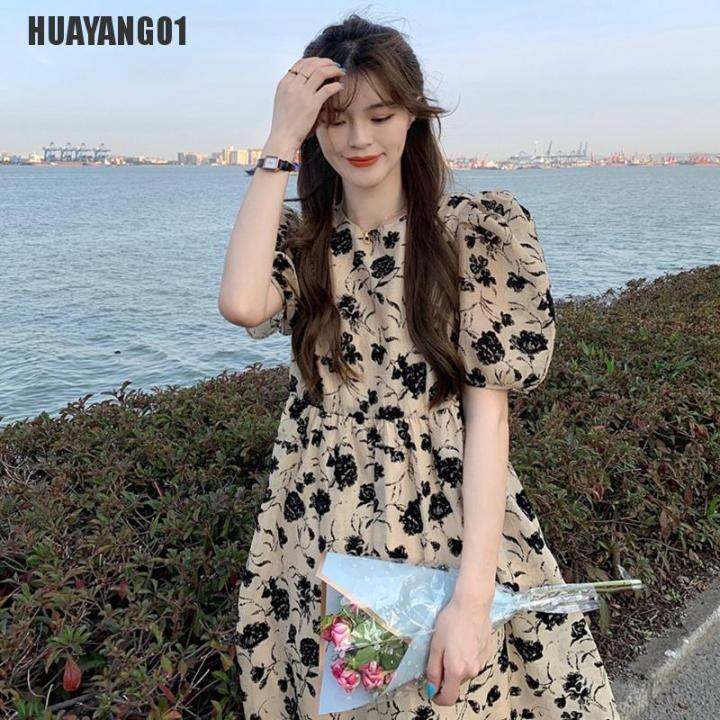 huayang01คอกลมสำหรับผู้หญิงเดรสแขนสั้นฤดูร้อนสง่างามใส่ได้ทุกวันสไตล์เกาหลีชุดเดรสลำลองนักศึกษา