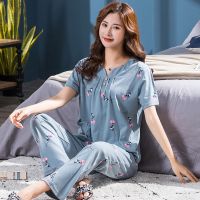 Plus Size 100 Cotton Short Sleeve Long Pants Pajama Sets for Women Summer Print Sleepwear Pyjamas Homewear Pijama Mujer Clothes