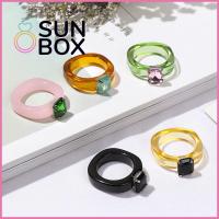 SUN BOX เรขาคณิต กับไดมอนด์ สีสัน ของขวัญเครื่องประดับ แหวนวินเทจเรโทร แหวนเรซินใส อะคริลิค Rhinestone แหวนผู้หญิง