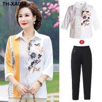 Middle-aged and elderly mothers summer suit foreign style temperament new thin section two-piece suit upper clothes T-shirt female