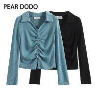 PEAR DODO เสื้อถักแขนยาวโปโลสไตล์เกาหลีสำหรับผู้หญิง