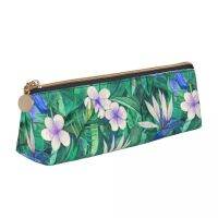 [KUT Department Store] Tropical Floral Print Triangle Pencil Case Blue Hibiscus Cute Zipper Pencil Box For Child School Leather Pen Bag