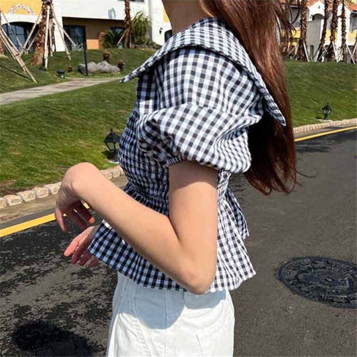 เสื้อครอปลายสก็อตสุดชิคสไตล์เกาหลีสำหรับเด็กผู้หญิงแขนพองเสื้อท่อนบน