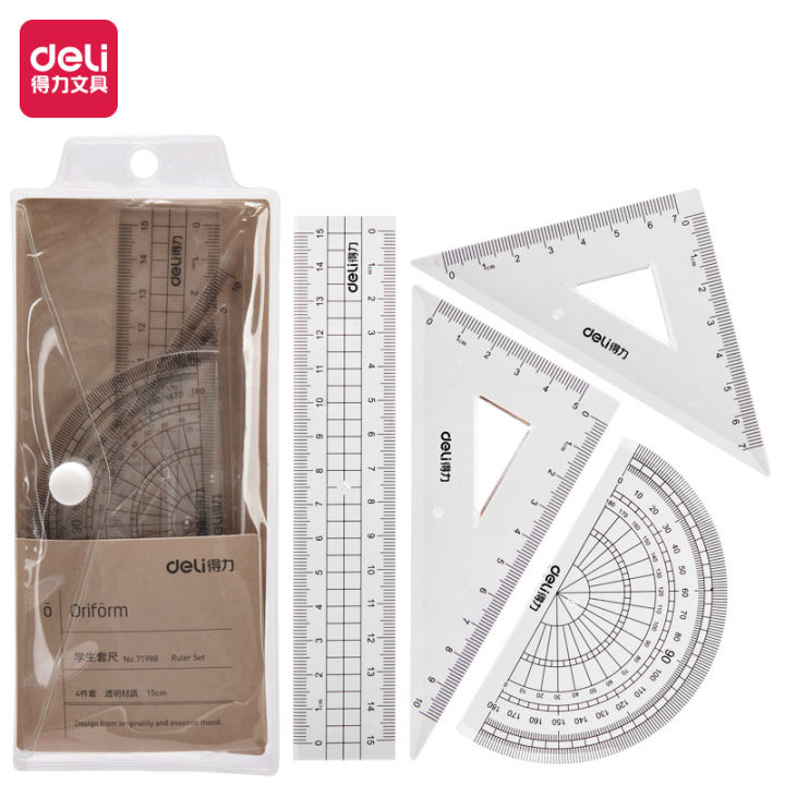 4pcs-set-of-deli-71988-grid-multifunctional-drawing-combination-ruler-triangle-plate-protractor-student-office-supplies