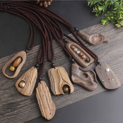 【YF】 New Handmade Sandalwood Natural Stone Pendant Necklace Long Sweater Chain N600