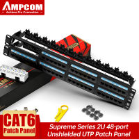 AMPCOM (จดทะเบียน UL) CAT5e / CAT6 24/48 พอร์ตแผงแพทช์ แร็คเมาท์－1U 2U 19 นิ้ว 50u ชุบทอง แถบการจัดการสายเคเบิลด้านหลัง