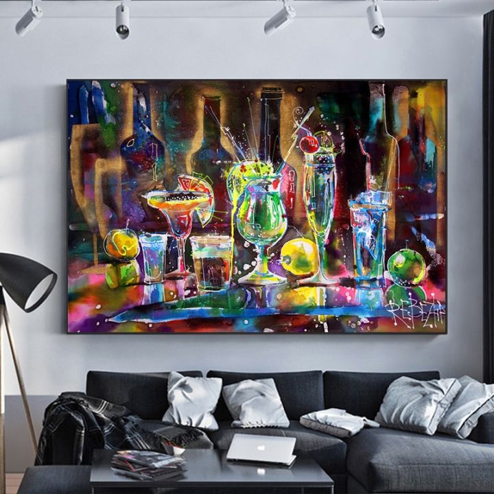 บทคัดย่อค็อกเทลเครื่องดื่มภาพวาดสีน้ำมันผ้าใบโปสเตอร์และภาพพิมพ์-modern-wall-art-รูปภาพสำหรับ-bar-cafe-living-room-decor-new
