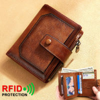 วินเทจหนังแท้สำหรับผู้ชายกระเป๋าสตางค์ RFID ปิดกั้นพับสั้นมัลติฟังก์ชั่คลิปเงินความจุขนาดใหญ่ซิปกระเป๋าเงินเหรียญ