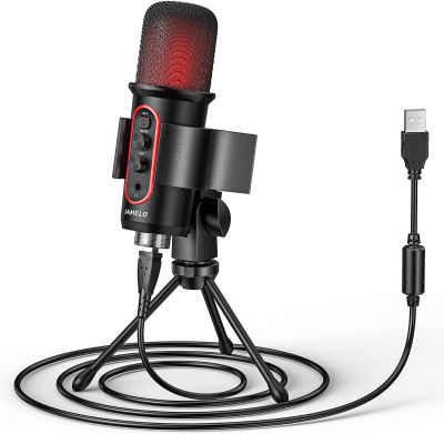 JAMELO USB Microphone, Computer Condenser Gaming Mic for PC/Laptop/Phone/PS4/5, Headphone Output, Volume Control,Plug and Play, LED Mute Button, for Streaming, Podcast, Studio Recording Black#