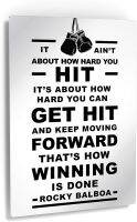 งานศิลปะพิมพ์ผนังโลหะคำคม Rocky Balboa คำพูดสร้างแรงบันดาลใจแรงบันดาลใจให้ก้าวไปข้างหน้าสีขาวของตกแต่งสำนักงานความสำเร็จของผู้ประกอบการตกแต่งนวมต่อยมวยพร้อมที่จะแขวน30x20