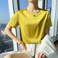 COD DSFERTYRTYRT Womens Elegant Round Neck Short Sleeve Satin Silk Polyester Tee Tshirt T-Shirt