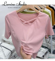 LAREINE เสื้อยืดแขนสั้นสำหรับผู้หญิง,เสื้อยืดแขนสั้นคอตตอนใส่ในฤดูร้อน Dopamine เสื้อหวานกับสั้นแบบไม่สม่ำเสมอ