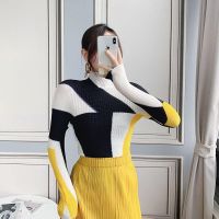 2023 Hot Miyake pleated top womens stretch niche high collar slim slim printed long-sleeved T-blood fashion bottoming shirt