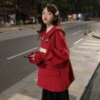 Style Doll Collar Horn Button Woolen Coat for Women 2021 New Fashion Autumn Red Puff Sleeve Top