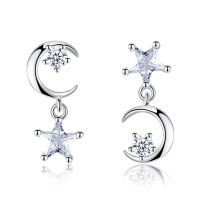 Korean Version Simple Five pointed Star All match Exaggerated Temperament Silver plated Moon Fashion Zircon Ear Jewelry