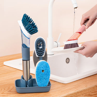 Kitchen Cleaning Brush Cleaning Tools Long-Handled Dishwashing Brush With Removable Brush Sponge Dispenser Kitchen Supplies