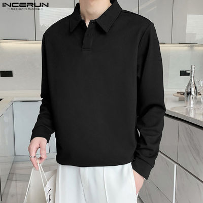 INCERUN เสื้อคอปกแขนยาวบุรุษเสื้อลำลองหลวมพอดีเสื้อสวมหัวเสื้อ Tees (สไตล์เกาหลี)