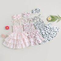 Pudcoco Toddler Kids Girls Dress Flower Print Tie Knot Straps Sleeveless Sling Dress Summer Casual Ruffles Dress Headband 1-5T  by Hs2023