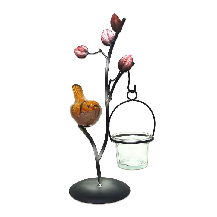 Decorandmore Perfect Aire Ceramic Bird Metal Glass Candle Holder for