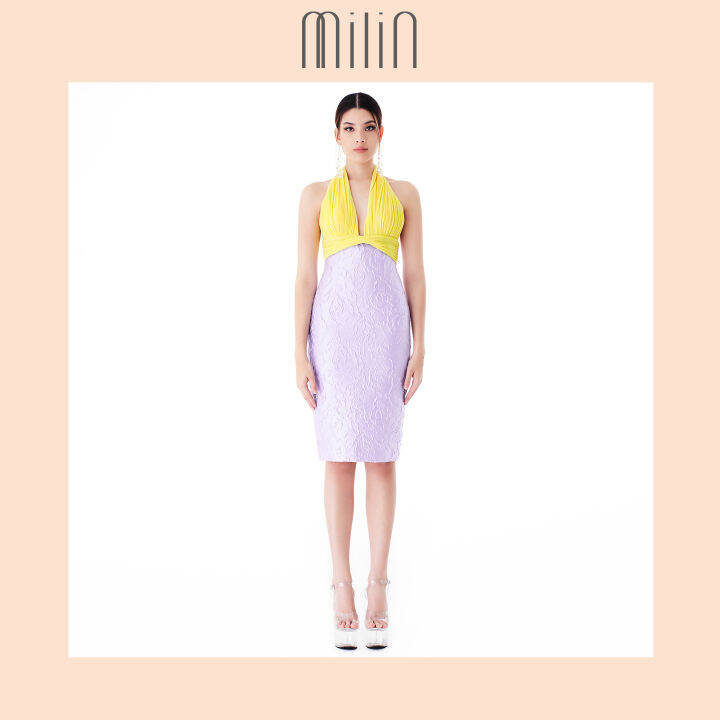 milin-halter-deep-v-neck-front-twist-midi-dress-ชุดเดรส-คอวี-เว้าลึก-คล้องคอ-แต่งบิดด้านหน้า-salema-dress-สีเหลือง-ม่วง-สีม่วง-ชมพู