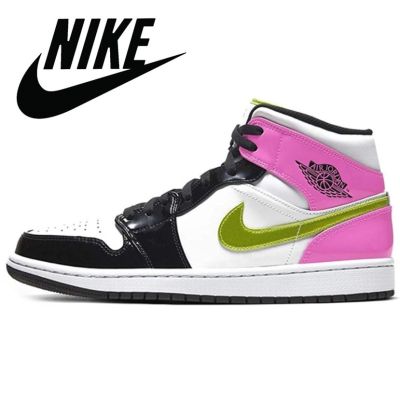 [HOT] ✅Original NK* Ar J0dn 1 MID S- E- G- S- Cyber Active- Fuchsia- Patent Leather High Top Basketball Shoes Mens And Womens Sneakers