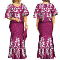 Tapa Design Upscale Fishtail Dress 2ชิ้นขนาด S-8XL Polynesian โพลีเอสเตอร์คุณภาพสูง Flared Sleeve Puletasi Mermaid Skirt