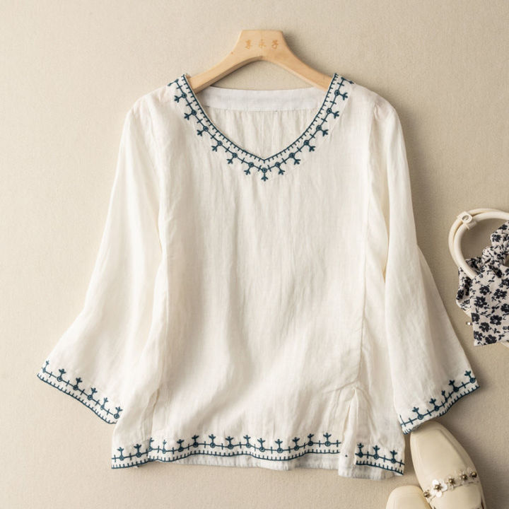 FairyTaill 3/4 Sleeve Embroidered Cotton Linen Blouses Ladies Tops ...