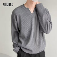 Suikone เสื้อยืดแขนยาวคอวีแฟชั่นลำลองทรงหลวมเสื้อลายทางสำหรับผู้ชายแขนยาวฤดูใบไม้ผลิและเสื้อกันหนาว