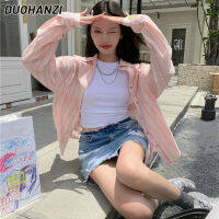 DUOHANZI เสื้อแจ็คเก็ตกันแดดของผู้หญิงคอเสื้อแขนยาวเสื้อโปโลลาย