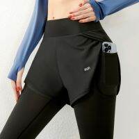 [COD] New style high waist tummy control fake two-piece fitness womens outerwear pockets quick-drying running sports trousers tight-fitting yoga