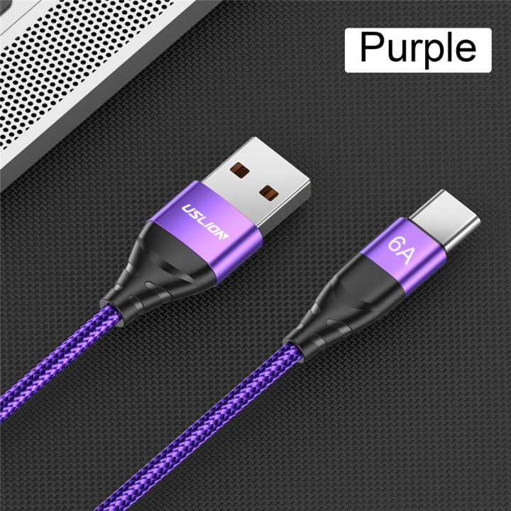 USLION 6A USB Type C Cable For Huawei P40 P50 Pro 66W Fast Charge Wire For Samsung Xiaomi mi 11 Data USB-C Cable Charging Cord