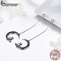 Bamoer 925เงินสเตอร์ลิงสีดำ Zircon เสี้ยวต่างหูรูปหยดน้ำแม่มดมหัศจรรย์บนต่างหูดวงจันทร์สำหรับ SCE287เครื่องประดับอย่างดีผู้หญิง