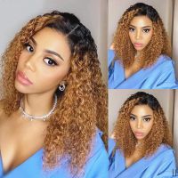 【jw】❀▪▣  Curly Human Hair Wig Highlights Wigs 13X1 Woman  T Part