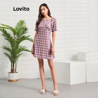 Lovito ชุดเดรสแขนพัฟ ลายสก๊อต สไตล์ Preppy L07148 (สีม่วง)