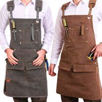 【CW】 Durable Goods Heavy Duty Canvas Apron With Pockets Cross-Back Straps Adjustable Woodworking Painting