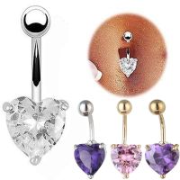 ；【‘；- 1PC Zircon Crystal Heart Fake Navel Piercing Belly Ring Stainless Steel Belly Button Ring Navel Bars Women Jewelry Non Piercing