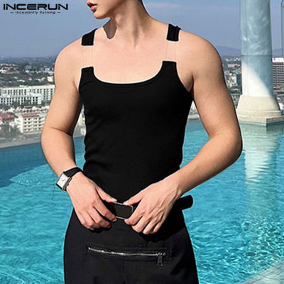 INCERUN เสื้อกล้ามผู้ชายแขนกุดรัดรูปยืดได้,เสื้อกล้ามสายรัดแฟชั่นลำลองธรรมดาถอดง่ายเสื้อซ่อน (สไตล์เกาหลี)