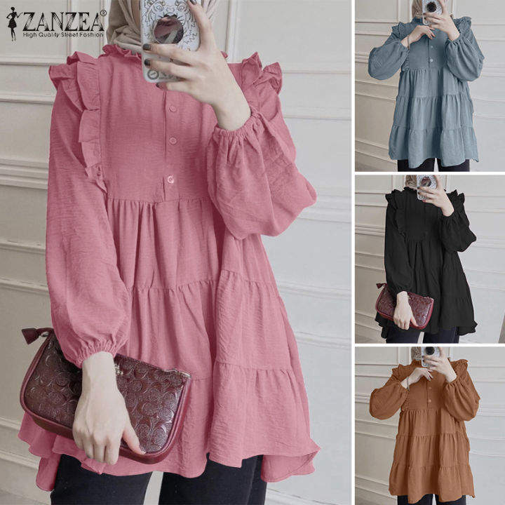 สินค้ามาใหม่-จัดส่งฟรี-fancystyle-zanzea-เสื้อสตรีมุสลิมชั้นเสื้อมีจีบ-เสื้อแต่งระบายทรงหลวมลำลองแขนยาว