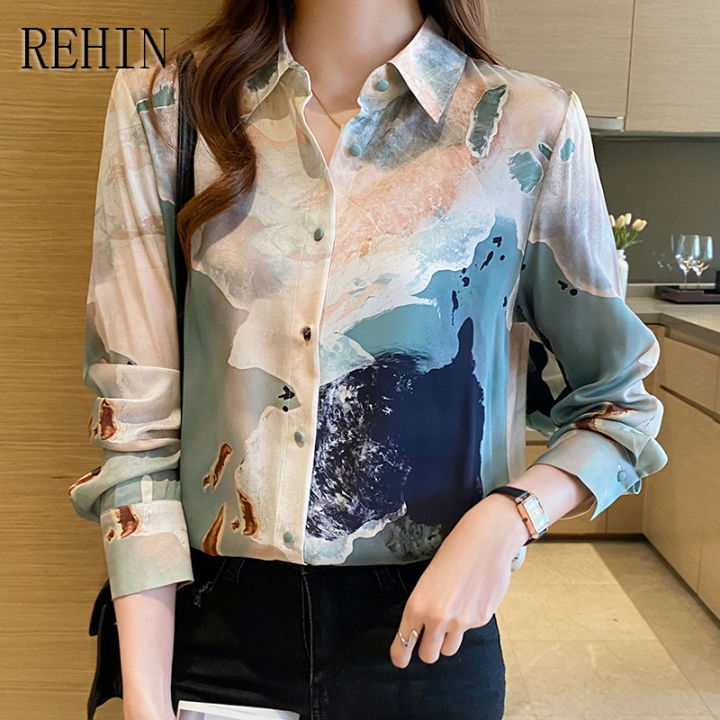 rehin-เสื้อผู้หญิงผ้าซาตินผ้าไหมไล่ระดับสีใหม่แฟชั่นสไตล์เกาหลีไล่ระดับสีทรงหลวมเสื้อแขนยาวเฉพาะกลุ่มดีไซน์หรูหราฤดูใบไม้ผลิ