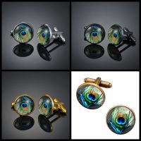 Copper animal peacock feather shape four colors metallic glass mens French shirt Cufflinks Cuff Link