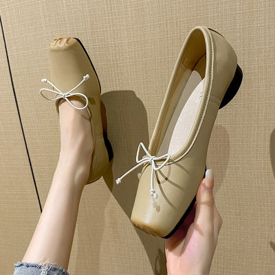 รองเท้าบัลเล่ต์หนังแท้สำหรับผู้หญิงรองเท้าชั้นเดียวแต่งจมูกหมูฝรั่งเศสแต่งโบว์ด้านนอกส้นหนาวินเทจ Mary Jane