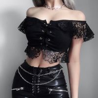 blouses women new style 2023 crop tops for women trendy HOT SALEWomen Vintage Gothic Punk Bandage Lace Off Shoulder Blouse Shirt Crop Top