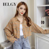 COD IELGY shirt womens long-sleeved plaid retro Hong kong style design sense niche short top